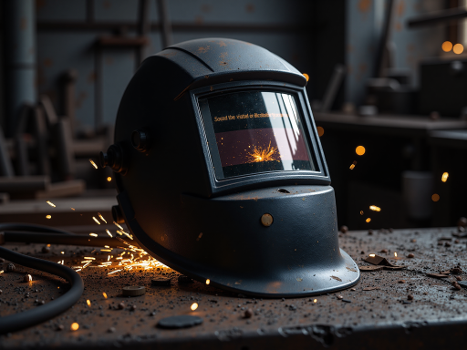 Welding protection systems with safety equipment, protective covers, industrial safety gear, blue and orange color scheme, professional manufacturing safety setup