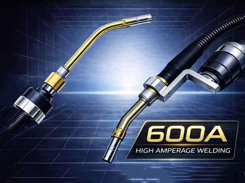 High-end robotic welding gun with detailed mechanical components, metallic finish, industrial design, blue welding arc visible, professional manufacturing equipment