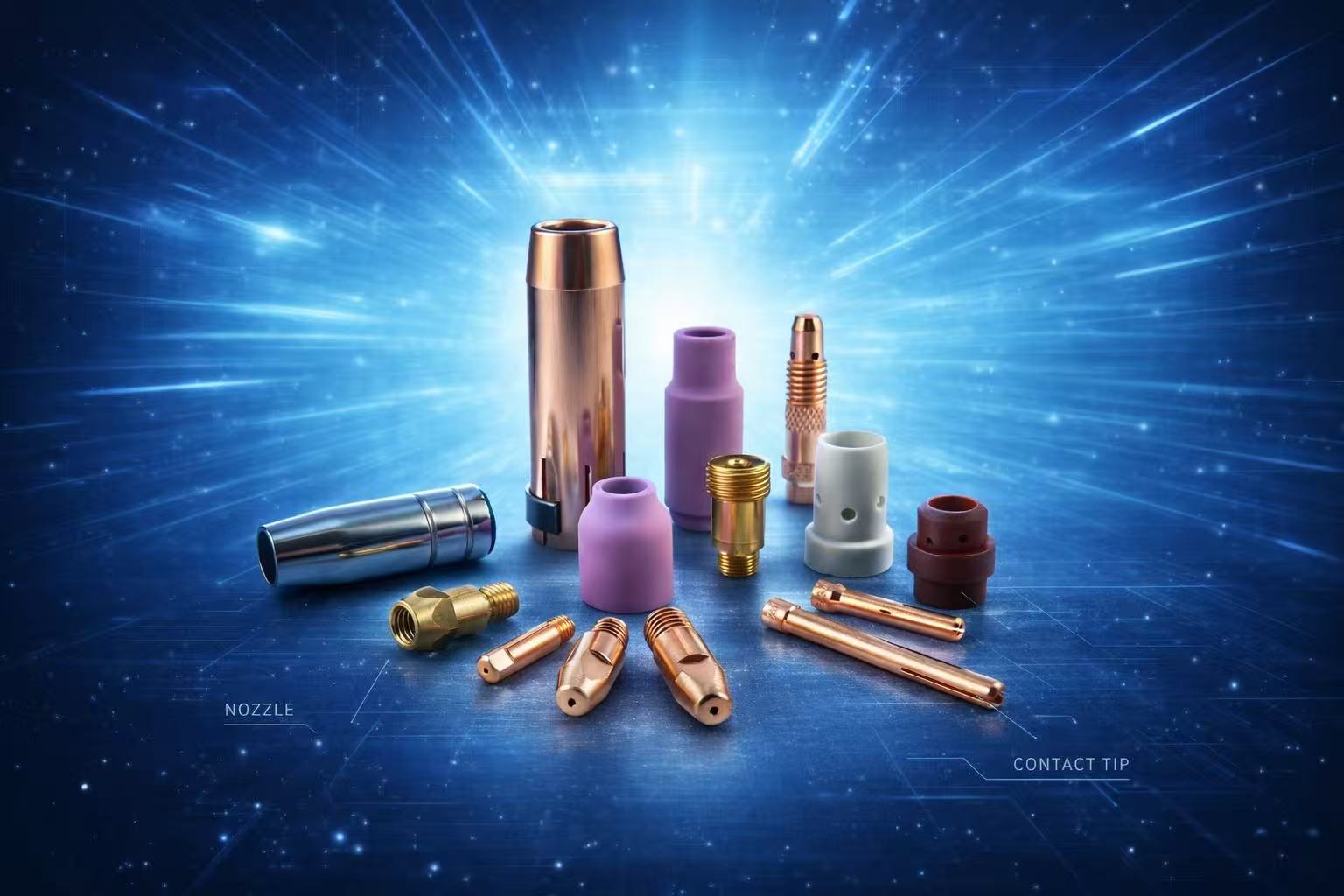 Collection of welding consumables including contact tips, nozzles, and wire feed components, arranged professionally, metallic and ceramic materials, industrial quality products