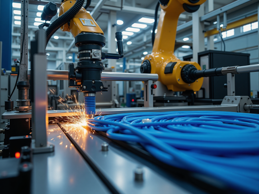 Industrial wire feeder system with robotic integration, electronic controls, metallic construction, blue welding environment, precision engineering details